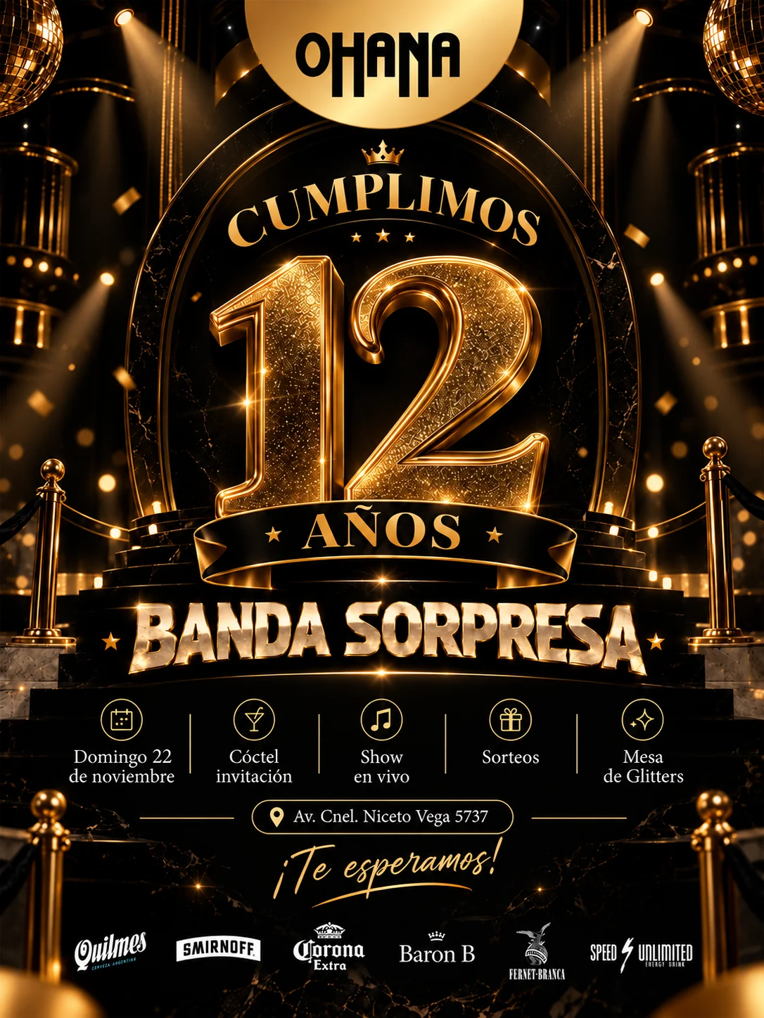 Flyer del aniversario de Ohana Bar: cumplimos 12 años, banda sorpresa, domingo 22 de noviembre, Av. Cnel. Niceto Vega 5737